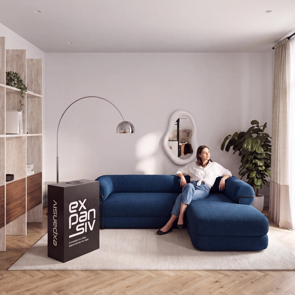 Sofá Cama Casal Flow 2 Lugares na Caixa – Bouclé Azul Marinho