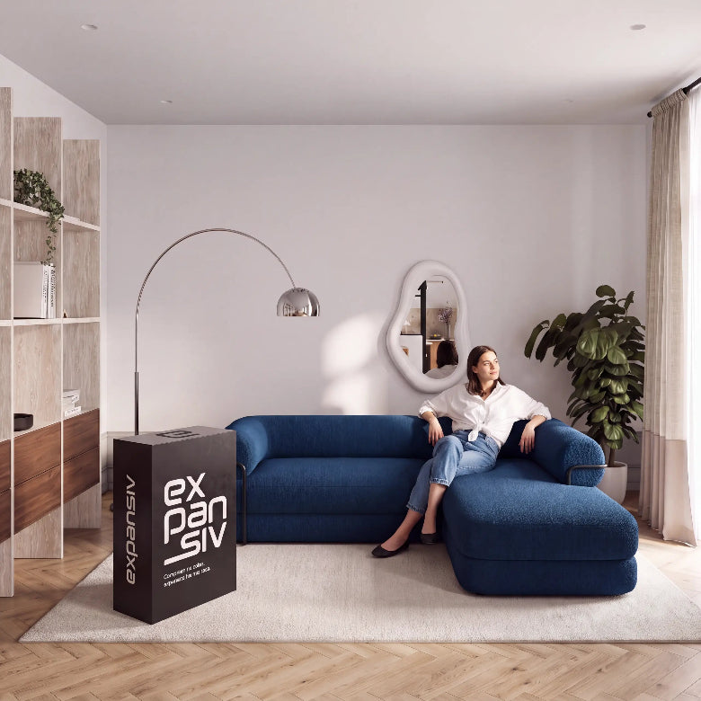Sofá Cama Casal Flow 2 Lugares na Caixa – Bouclé Azul Marinho