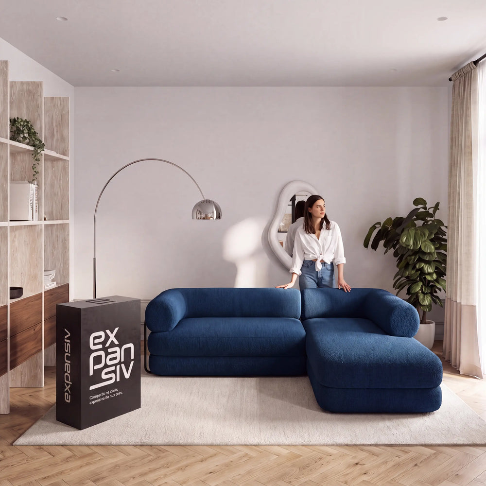 Sofá Cama Casal Flow 2 Lugares na Caixa – Bouclé Azul Marinho - foto 4