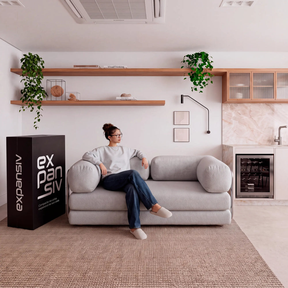 Sofá Cama Casal Flux 2 Lugares na Caixa – Bouclé Cinza