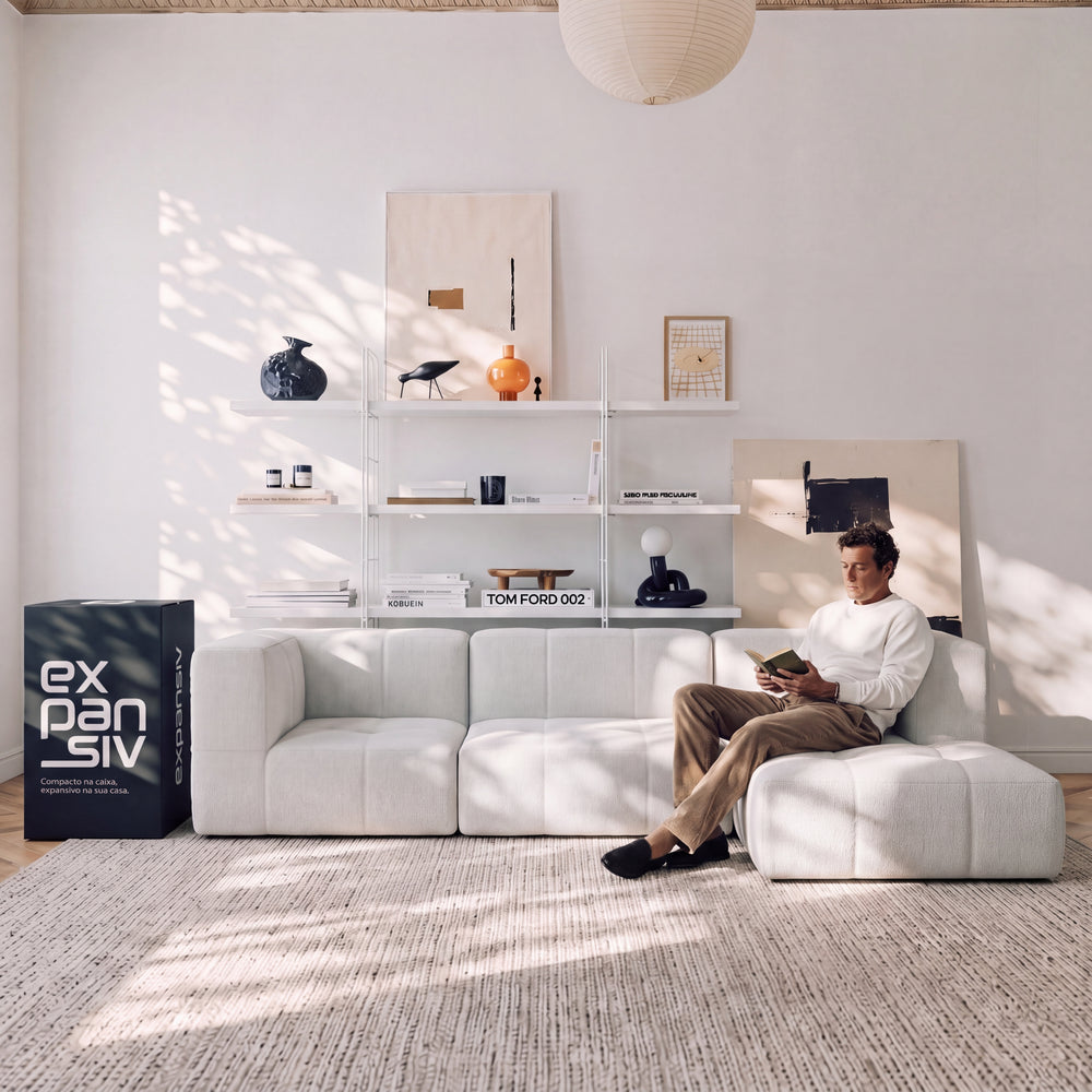 Sofá Modular 4 Lugares na Caixa Puzzle – Bouclé Linho