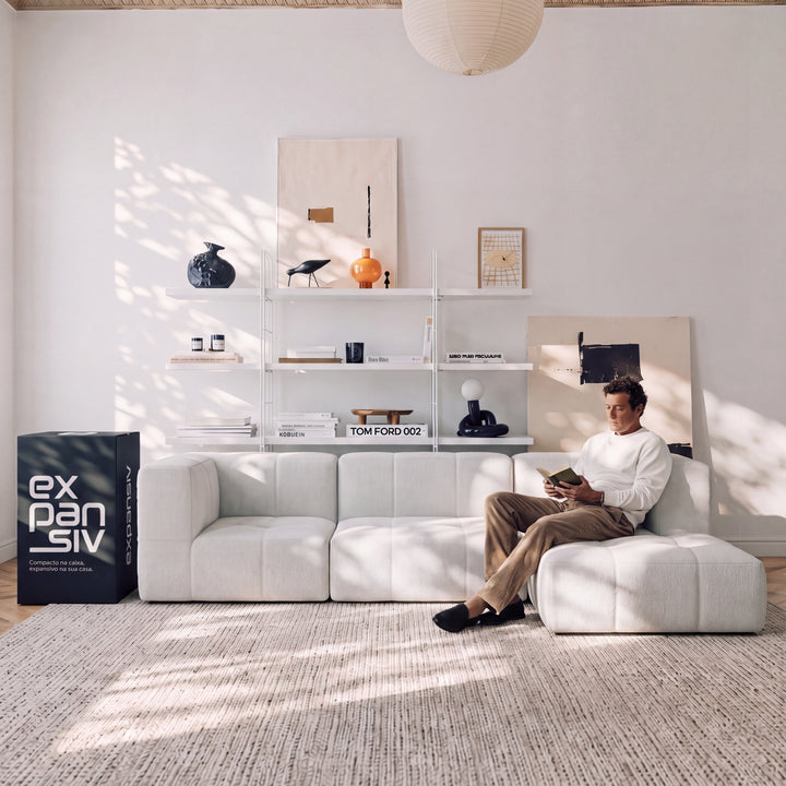 Sofá Modular 4 Lugares na Caixa Puzzle – Bouclé Linho