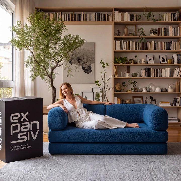 Sofá Cama Casal Flux 2 Lugares na Caixa – Bouclé Azul Marinho