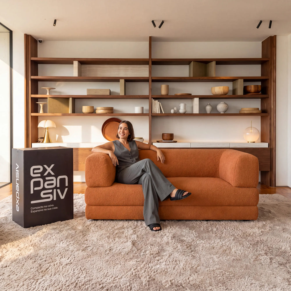 Sofá Cama Casal Flux 2 Lugares na Caixa – Bouclé Terracota
